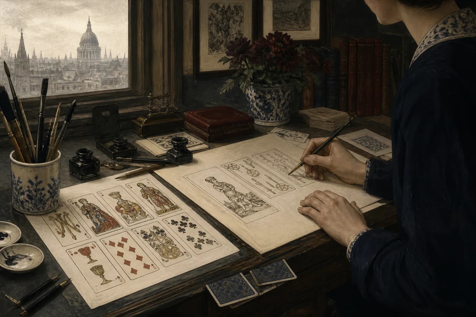 二十世纪初插画师在工作桌上绘制带场景的纸牌样稿